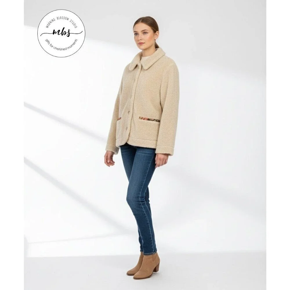 Orvis Vintage Faux Sherpa Floral Tapestry Teddy Jacket Cream Tan Women M